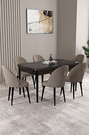 Milas Siyah Mermer Desen 80x132 Açılabilir Mdf Masa Yemek Odası Takımı,Mutfak Takımı 6 Adet Sandalye