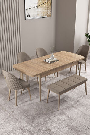 Milas Meşe Desen 80x132 Açılabilir Mdf Masa Yemek Odası Takımı, Mutfak Takımı 4 Sandalye, 1 Bench