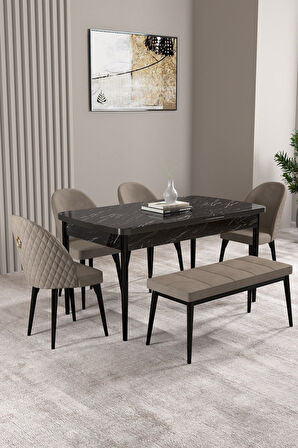 Milas Siyah Mermer Desen 80x132 Açılabilir Mdf Masa Yemek Odası Takımı,Mutfak Takımı 4 Sandalye, 1 B