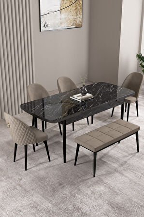 Milas Siyah Mermer Desen 80x132 Açılabilir Mdf Masa Yemek Odası Takımı,Mutfak Takımı 4 Sandalye, 1 B