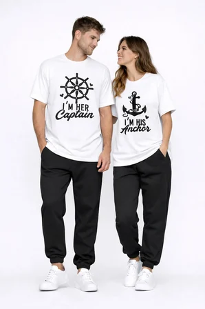 Sevgili Kombini Oversize Çift Tişört Unisex Captain Anchor Baskılı Matching Couple Partner 2'li Set