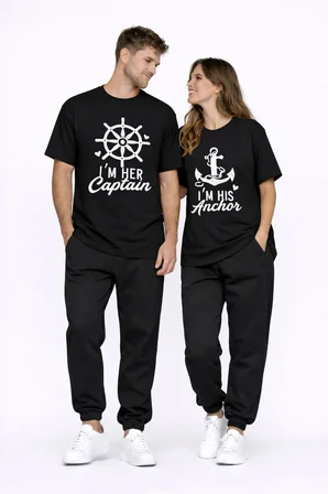 Sevgili Kombini Oversize Çift Tişört Unisex Captain Anchor Baskılı Matching Couple Partner 2'li Set