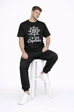 Sevgili Kombini Oversize Çift Tişört Unisex Captain Anchor Baskılı Matching Couple Partner 2'li Set