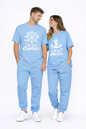 Sevgili Kombini Oversize Çift Tişört Unisex Captain Anchor Baskılı Matching Couple Partner 2'li Set