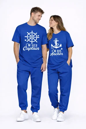 Sevgili Kombini Oversize Çift Tişört Unisex Captain Anchor Baskılı Matching Couple Partner 2'li Set