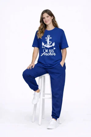 Sevgili Kombini Oversize Çift Tişört Unisex Captain Anchor Baskılı Matching Couple Partner 2'li Set