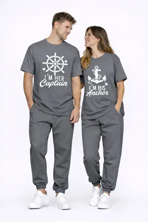 Sevgili Kombini Oversize Çift Tişört Unisex Captain Anchor Baskılı Matching Couple Partner 2'li Set