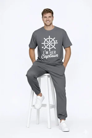 Sevgili Kombini Oversize Çift Tişört Unisex Captain Anchor Baskılı Matching Couple Partner 2'li Set
