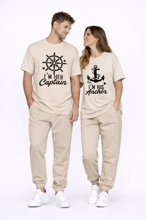 Sevgili Kombini Oversize Çift Tişört Unisex Captain Anchor Baskılı Matching Couple Partner 2'li Set