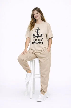 Sevgili Kombini Oversize Çift Tişört Unisex Captain Anchor Baskılı Matching Couple Partner 2'li Set