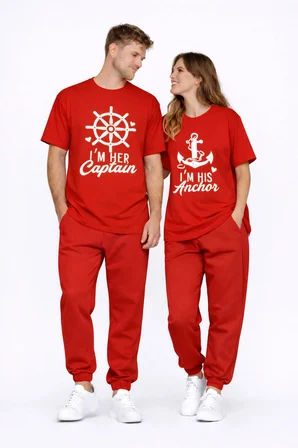 Sevgili Kombini Oversize Çift Tişört Unisex Captain Anchor Baskılı Matching Couple Partner 2'li Set