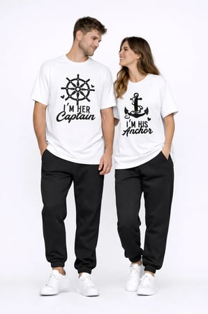 Nevermind Sevgili Kombini Oversize Çift Tişört Unisex Captain Anchor Tişört 2'li Set