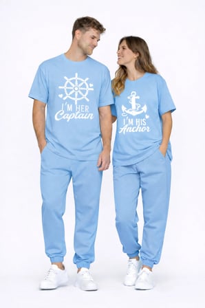 Sevgili Kombini Oversize Çift Tişört Unisex Captain Anchor Baskılı Matching Couple Partner 2'li Set