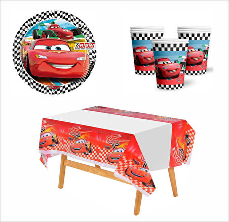 Cars, (Arabalar), Şimşek Mcqueen  8 Adet Tabak, 8 Adet Bardak, Baskılı Masa Örtüsü