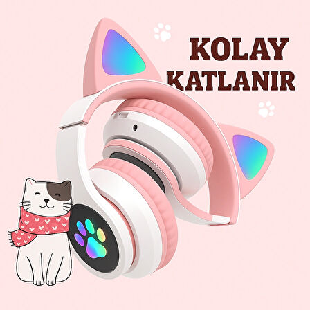 Şirin Işıklı Kedi Kulaklı Katlanabilir Bluetooth Kulaklık