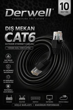10 METRE CAT6 Dış Mekan Outdoor Ethernet Kablosu 23 AWG 0.57mm Kalın Saf Bakır İnternet Ağ Kablosu Yüksek Hızlı Veri İletimi Su Geçirmez UV Korumalı Dayanıklı Siyah Modem Router Switch Patch Kablo