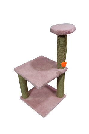 Çift Katlı Yuvarlak Basamaklı Ponponlu Kaliteli Jut Halat Pembe Renkli Kedi Tırmalama Tahtası