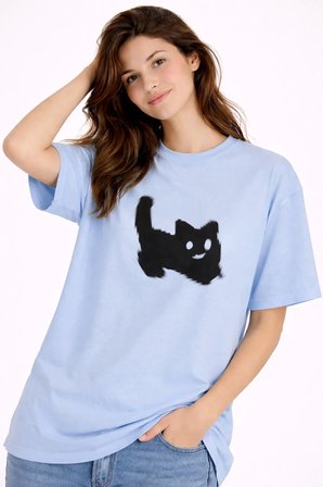 Nevermind Unisex Oversize Tişört Kedi Baskılı Minimal Tasarım %100 Pamuk