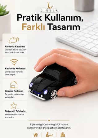 Klasik Siyah Beetle Vosvos Tasarımlı 2.4G Kablosuz Mouse USB Alıcılı Kırmızı Araba Şeklinde Optik Mouse