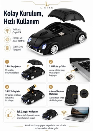 Klasik Siyah Beetle Vosvos Tasarımlı 2.4G Kablosuz Mouse USB Alıcılı Kırmızı Araba Şeklinde Optik Mouse