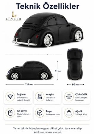 Klasik Siyah Beetle Vosvos Tasarımlı 2.4G Kablosuz Mouse USB Alıcılı Kırmızı Araba Şeklinde Optik Mouse