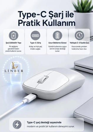Şarjlı Kablosuz Gri Mouse Bluetooth + 2.4G Çift Modlu Type-C Şarjlı Sessiz Tuşlu Ergonomik Optik 1200/1600 DPI Taşınabilir Mouse