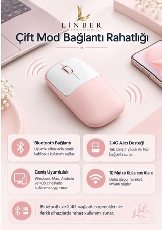 Şarjlı Kablosuz Pembe Mouse Bluetooth + 2.4G Çift Modlu Type-C Şarjlı Sessiz Tuşlu Ergonomik Optik 1200/1600 DPI Taşınabilir Mouse