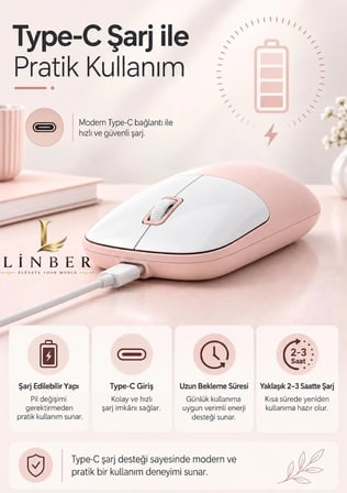 Şarjlı Kablosuz Pembe Mouse Bluetooth + 2.4G Çift Modlu Type-C Şarjlı Sessiz Tuşlu Ergonomik Optik 1200/1600 DPI Taşınabilir Mouse