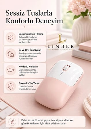 Şarjlı Kablosuz Pembe Mouse Bluetooth + 2.4G Çift Modlu Type-C Şarjlı Sessiz Tuşlu Ergonomik Optik 1200/1600 DPI Taşınabilir Mouse