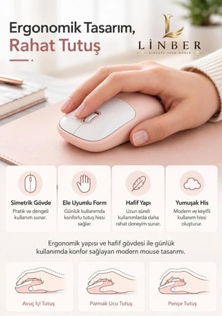 Şarjlı Kablosuz Pembe Mouse Bluetooth + 2.4G Çift Modlu Type-C Şarjlı Sessiz Tuşlu Ergonomik Optik 1200/1600 DPI Taşınabilir Mouse