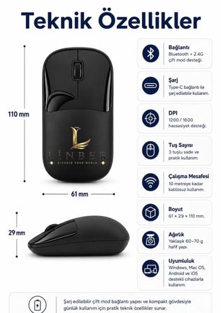 Şarjlı Kablosuz Siyah Mouse Bluetooth + 2.4G Çift Modlu Type-C Şarjlı Sessiz Tuşlu Ergonomik Optik 1200/1600 DPI Taşınabilir Mouse