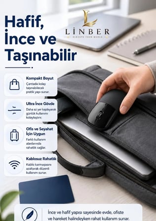 Şarjlı Kablosuz Siyah Mouse Bluetooth + 2.4G Çift Modlu Type-C Şarjlı Sessiz Tuşlu Ergonomik Optik 1200/1600 DPI Taşınabilir Mouse