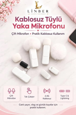 Kablosuz Tüylü Beyaz Yaka Mikrofonu Type-C ve İos Girişli 2’li Set Bluetooth 5.0