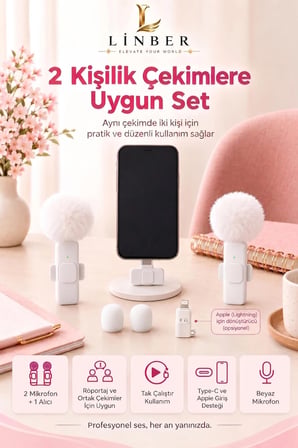 Kablosuz Tüylü Beyaz Yaka Mikrofonu Type-C ve İos Girişli 2’li Set Bluetooth 5.0