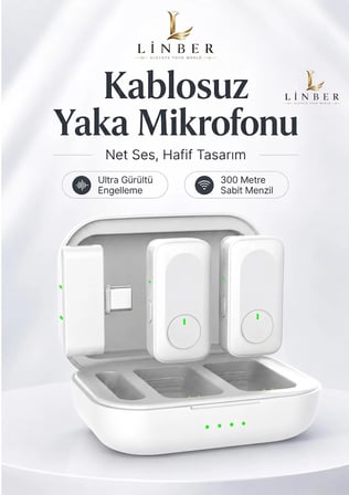 Type-C Girişli Beyaz Kablosuz Yaka Mikrofonu Şarj Kutulu 2 Verici 1 Alıcı 48kHz 24bit Gürültü Engellemeli