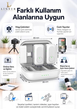 Type-C Girişli Beyaz Kablosuz Yaka Mikrofonu Şarj Kutulu 2 Verici 1 Alıcı 48kHz 24bit Gürültü Engellemeli