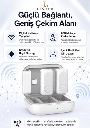 Type-C Girişli Beyaz Kablosuz Yaka Mikrofonu Şarj Kutulu 2 Verici 1 Alıcı 48kHz 24bit Gürültü Engellemeli