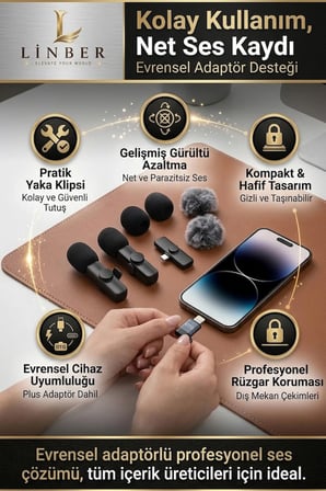 Kablosuz Tüylü Siyah Yaka Mikrofonu Type-C İos Uyumlu 2’li Set Tak Çalıştır