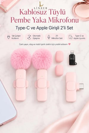 Kablosuz Tüylü Pembe Yaka Mikrofonu Type-C ve İos Girişli 2’li Set Bluetooth 5.0