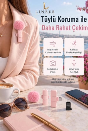 Kablosuz Tüylü Pembe Yaka Mikrofonu Type-C ve İos Girişli 2’li Set Bluetooth 5.0