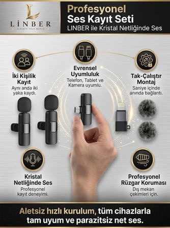 Kablosuz Tüylü Siyah Yaka Mikrofonu Type-C ve İos Uyumlu Bluetooth 5.0 2’li Set