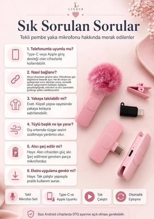 Pembe Kablosuz Yaka Mikrofonu (TEKLİ) – Tak Çalıştır, İos Uyumlu, 6-8 Saat Kullanım (1 ADET)