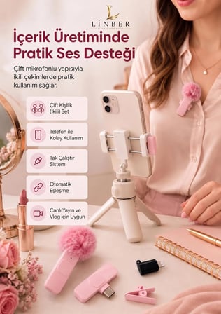 Pembe Kablosuz Yaka Mikrofonu (TEKLİ) – Tak Çalıştır, İos Uyumlu, 6-8 Saat Kullanım (1 ADET)