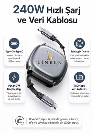 240W Type-C to Type-C Gri Teleskopik Şarj ve Veri Kablosu, Geri Sarılabilir Mini Tasarım, Kademeli Uzunluk Ayarı,Taşınabilir Hızlı Şarj Kablosu