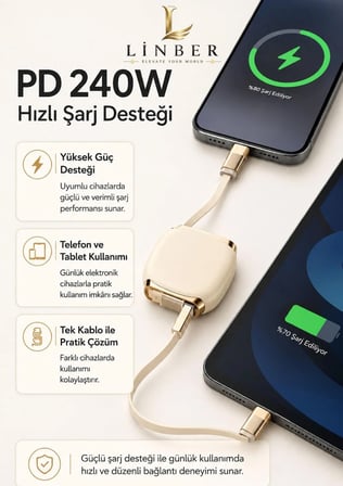 240W Type-C to Type-C Krem Teleskopik Şarj ve Veri Kablosu, Geri Sarılabilir Mini Tasarım, Kademeli Uzunluk Ayarı,Taşınabilir Hızlı Şarj Kablosu