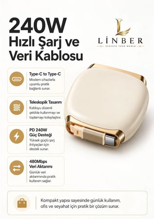 240W Type-C to Type-C Krem Teleskopik Şarj ve Veri Kablosu, Geri Sarılabilir Mini Tasarım, Kademeli Uzunluk Ayarı,Taşınabilir Hızlı Şarj Kablosu