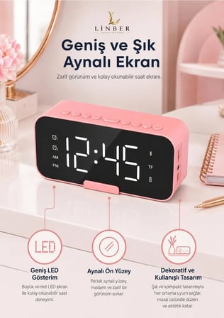 Pembe Bluetooth 5.0 Aynalı Masa Saati ve Hoparlör – 2 Alarm, Erteleme, FM Radyo, TF Kart ve Dahili Mikrofon