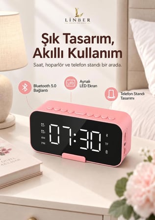 Pembe Bluetooth 5.0 Aynalı Masa Saati ve Hoparlör – 2 Alarm, Erteleme, FM Radyo, TF Kart ve Dahili Mikrofon