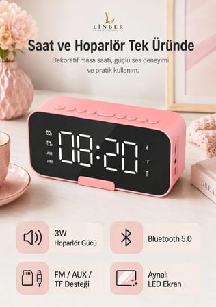 Pembe Bluetooth 5.0 Aynalı Masa Saati ve Hoparlör – 2 Alarm, Erteleme, FM Radyo, TF Kart ve Dahili Mikrofon