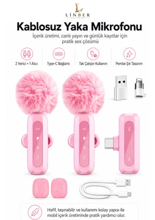 Pembe Kablosuz Yaka Mikrofonu 2.4G Type-C / Lightning Uyumlu Gürültü Azaltmalı Mini Vlog Canlı Yayın Röportaj Mikrofonu
